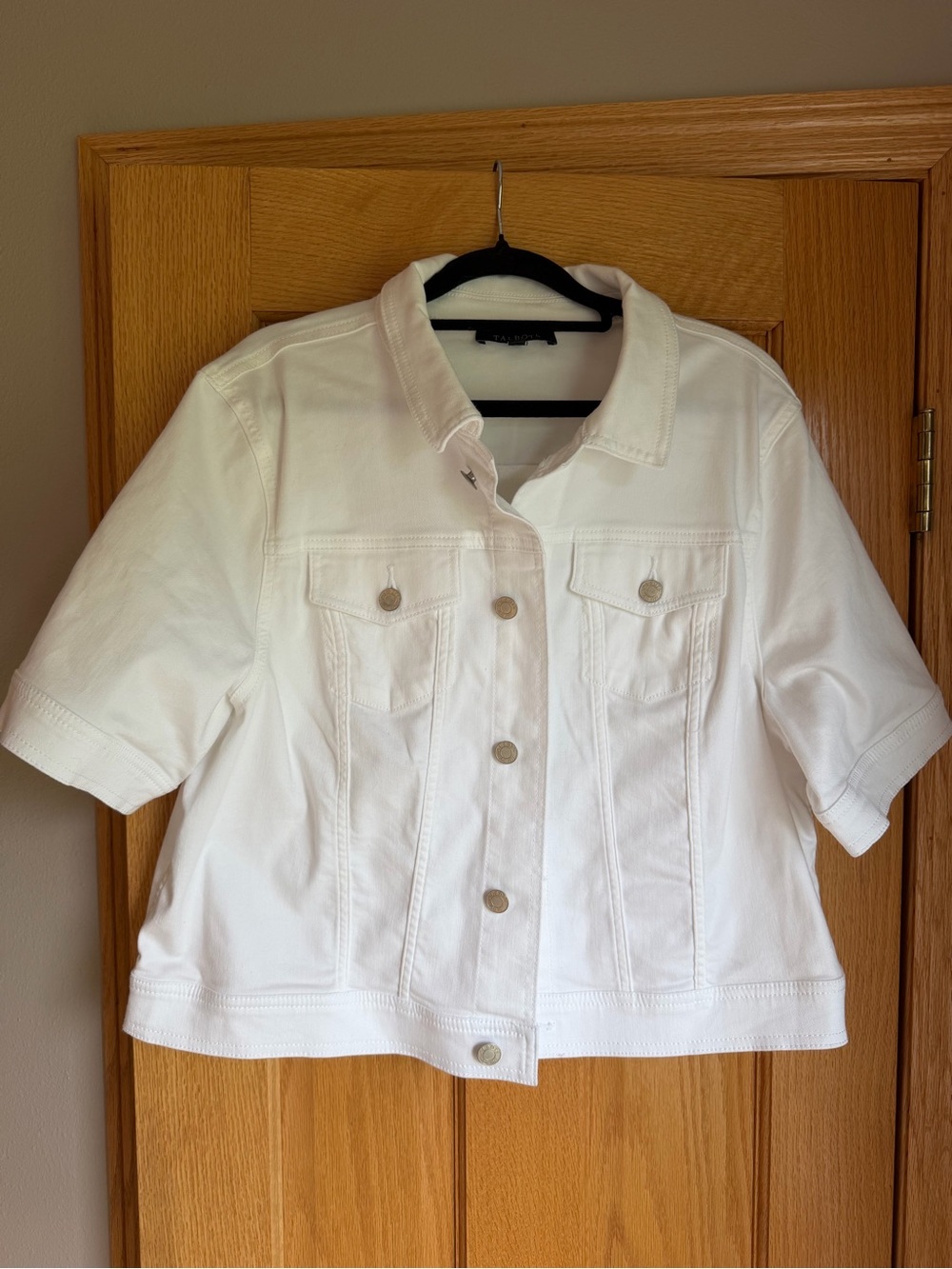 Talbots Petite White Short Sleeve Denim Jacket XLP Cropped Cotton Blend Stretch